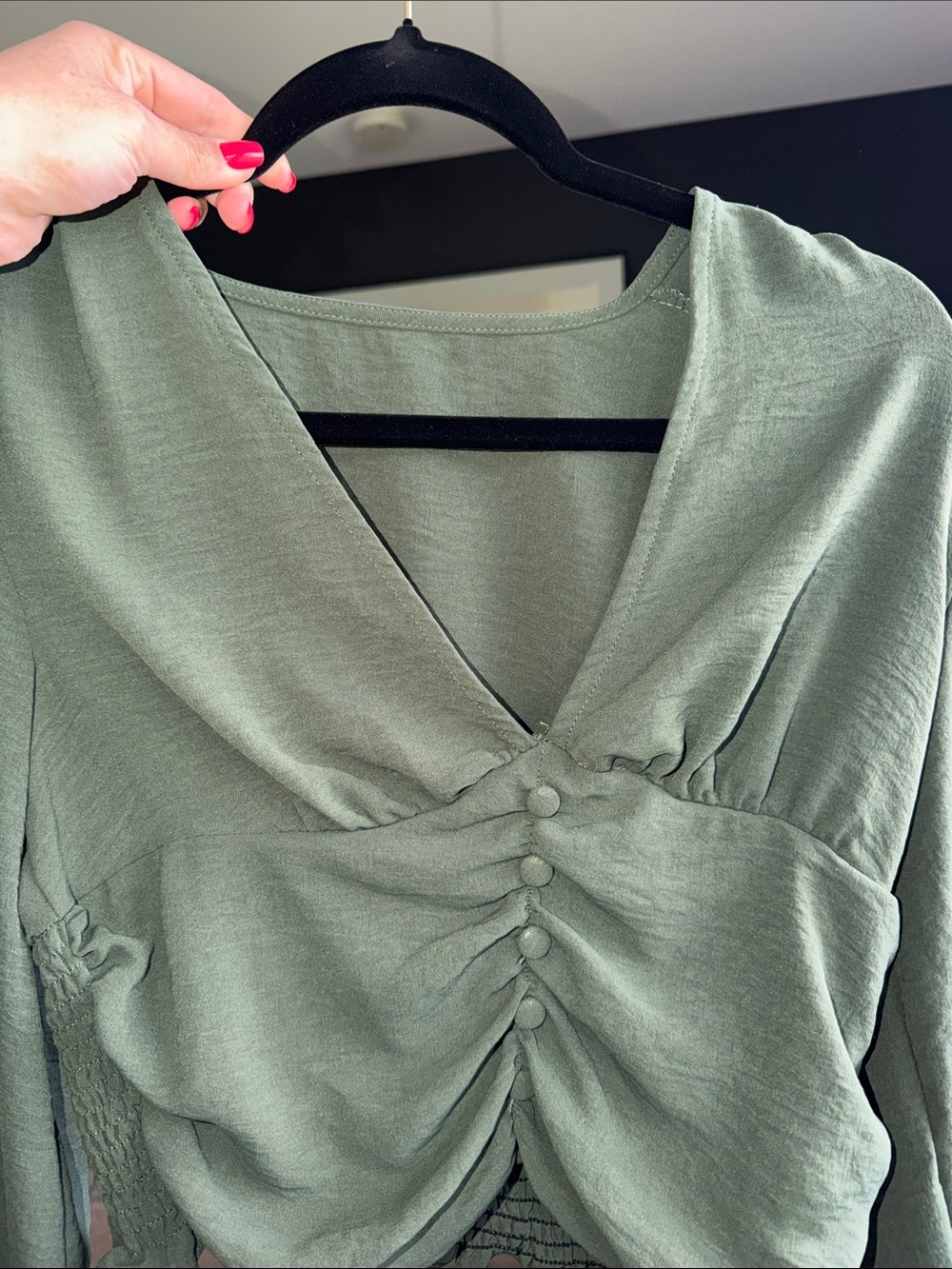 Green V-Neck Button-Front Blouse